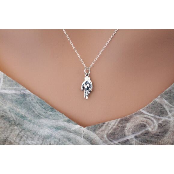 Sterling Silver Hand in Heart Charm Necklace
